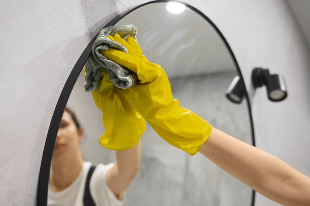 Person wearing yellow rubber gloves cleaning a round bathroom mirror with a microfiber cloth, with modern wall lights in the background.